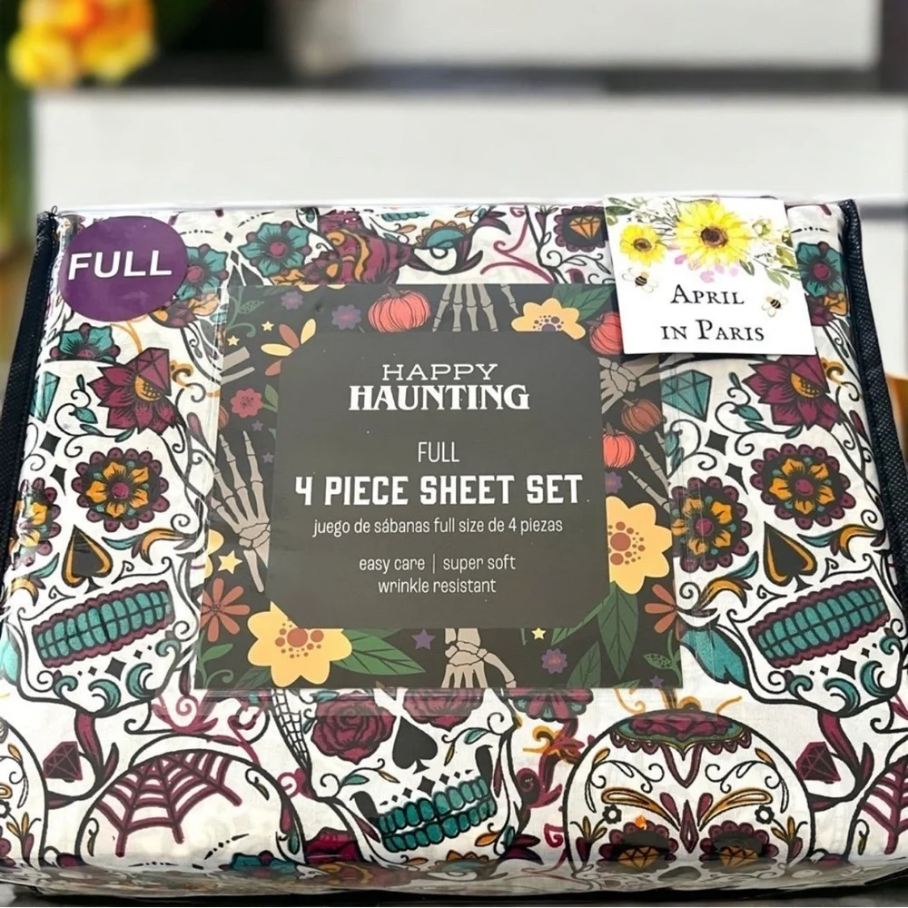 Halloween Sugar Skull Sheet Set FULL Dia de los Muertos Floral Boho Gothic NWT